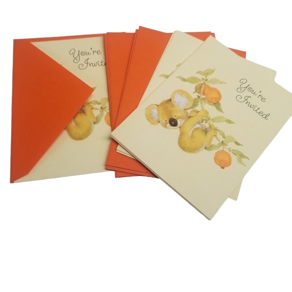 Party Invitations Cards Koala Bear hallmark Vintage Orange Envelopes Ephemera